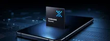 Samsung Exynos chip standing on a smartphone screen against a dark blue circuit-board background