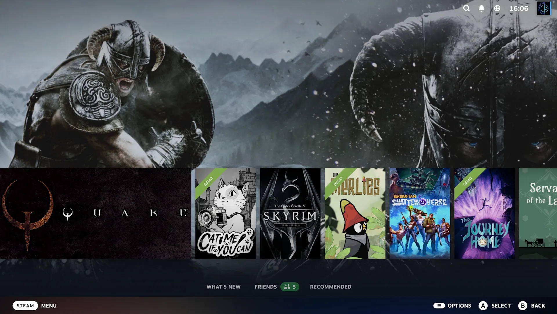 Pantalla de inicio de Big Picture Mode de Steam con el modo Big Art activado