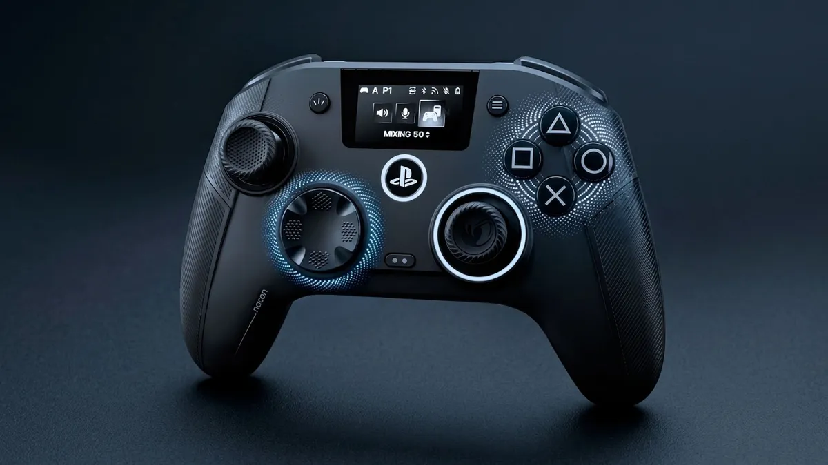 Nacon Revolution 5 Unlimited controller seen from the front with its control screen on