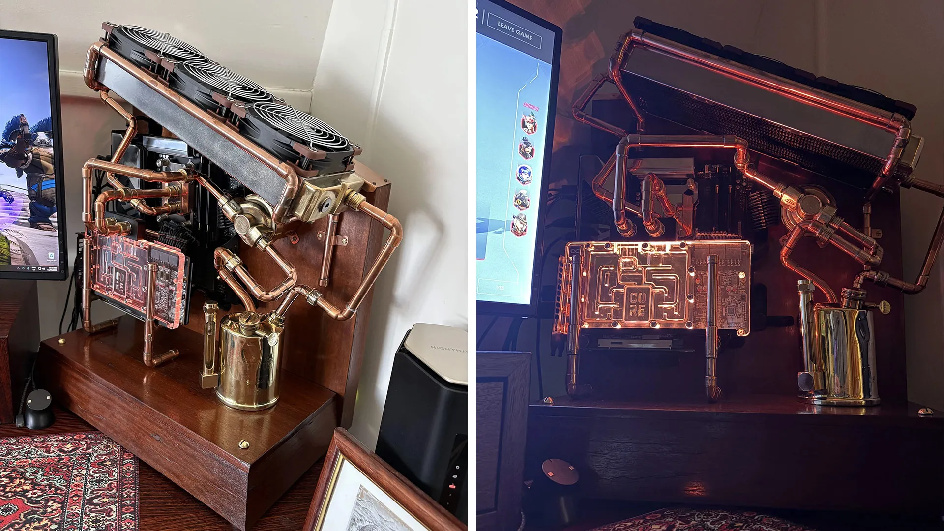 Montaje de PC abierto con tuberías de cobre y un depósito hecho con un soplete sobre una base de madera oscura