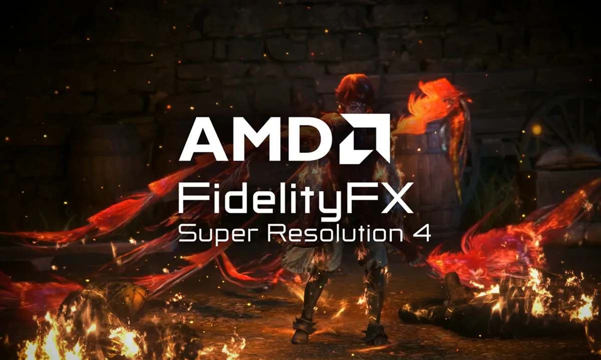 Logotipo de AMD FidelityFX Super Resolution 4 superpuesto a una escena de videojuego con un personaje entre brasas