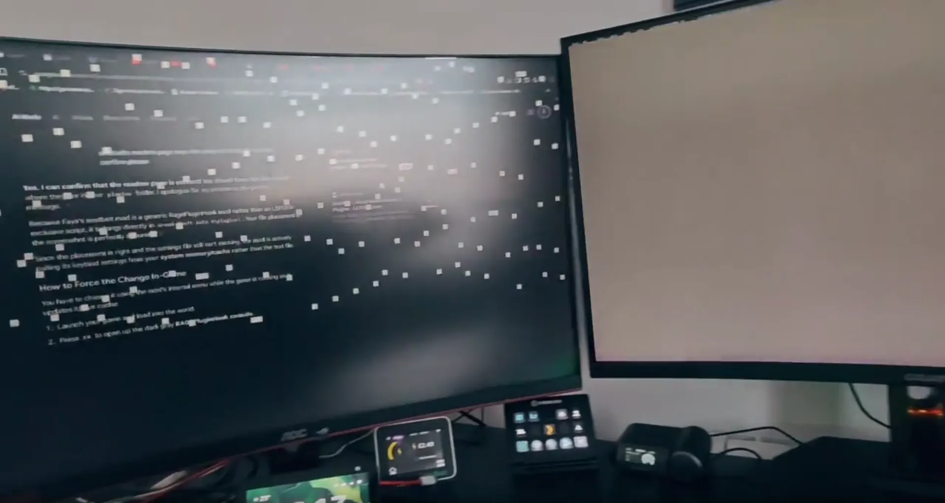 Primera captura del equipo durante el fallo, con la pantalla salpicada de bloques de colores