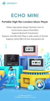 Cartel del reproductor SnowSky Echo Mini en sus cuatro colores sobre una composición retro con formas azules y amarillas
