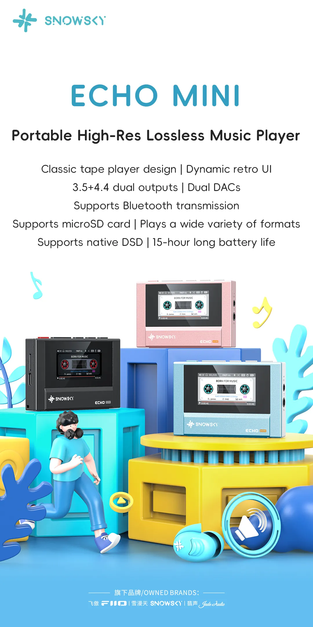 Cartel del reproductor SnowSky Echo Mini en sus cuatro colores sobre una composición retro con formas azules y amarillas