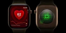 Vista frontal y trasera del Apple Watch Series 12: a la izquierda, la pantalla con 62 lpm; a la derecha, el sensor óptico verde encendido
