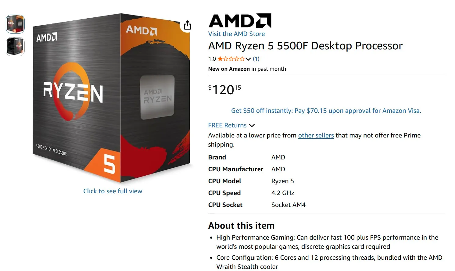 Listado del Ryzen 5 5500F en Amazon con su precio de 120,15 dólares