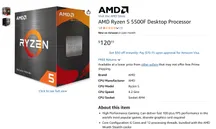 Página de producto del Ryzen 5 5500F en Amazon con un precio de 120,15 dólares