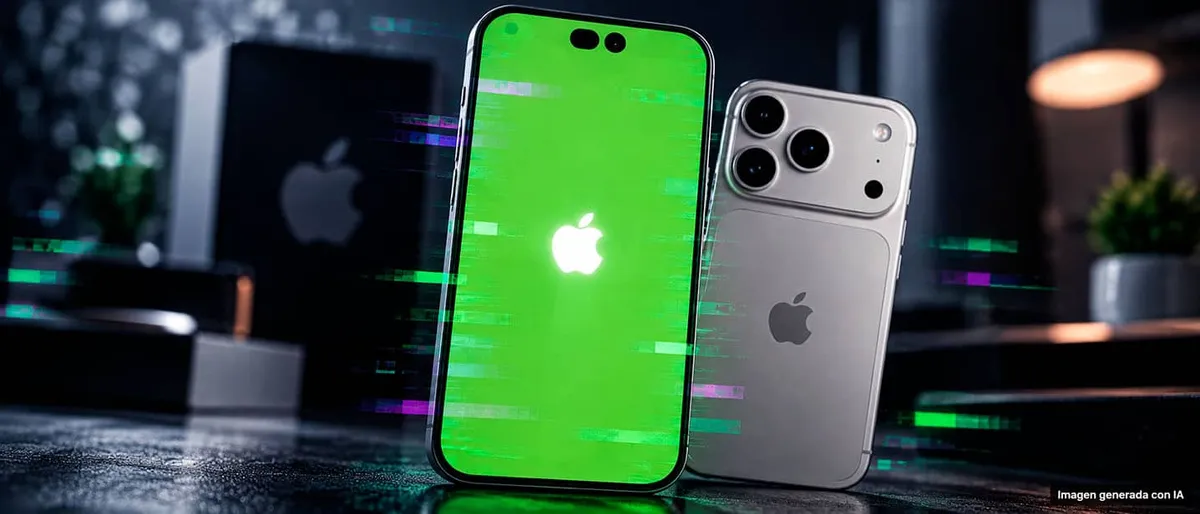 Dos iPhone 18 Pro, uno de ellos con la pantalla en verde y artefactos de imagen, sobre una mesa