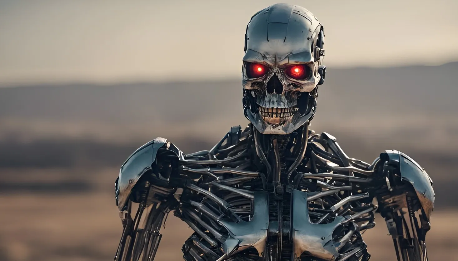 Robot humanoide de estructura metálica y ojos rojos sobre un fondo desenfocado