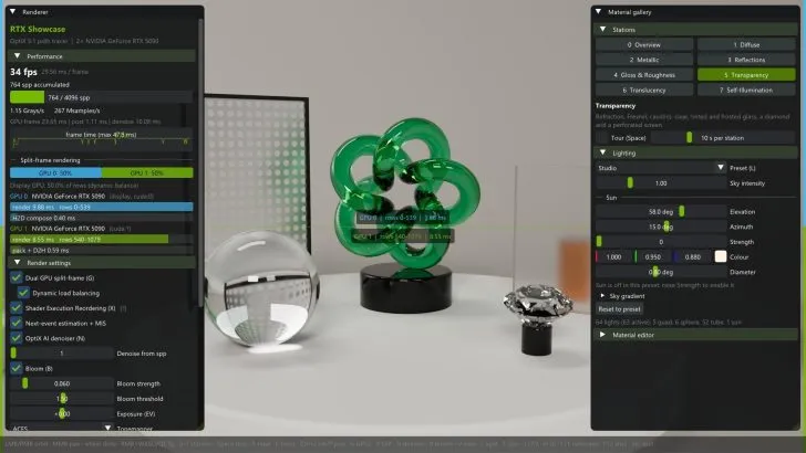 Interfaz de la demo RTX Showcase con paneles de rendimiento y galería de materiales sobre una escena con una escultura verde y esferas de cristal