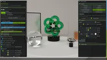 Interfaz de la demo RTX Showcase con paneles de rendimiento y galería de materiales sobre una escena con una escultura verde y esferas de cristal