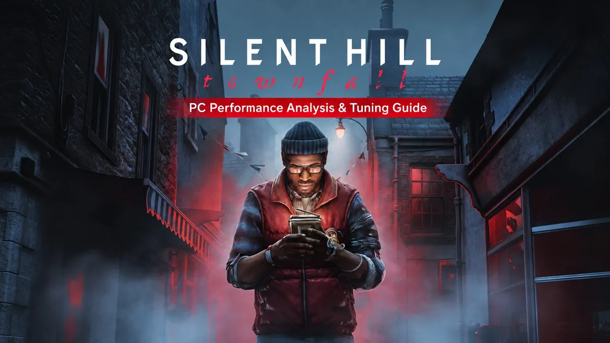 Personaje de SILENT HILL Townfall en un callejón en niebla con el rótulo de la guía de rendimiento en PC sobre la imagen