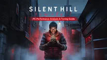 A character from SILENT HILL Townfall standing in a foggy alley with the PC performance guide label overlaid on the image