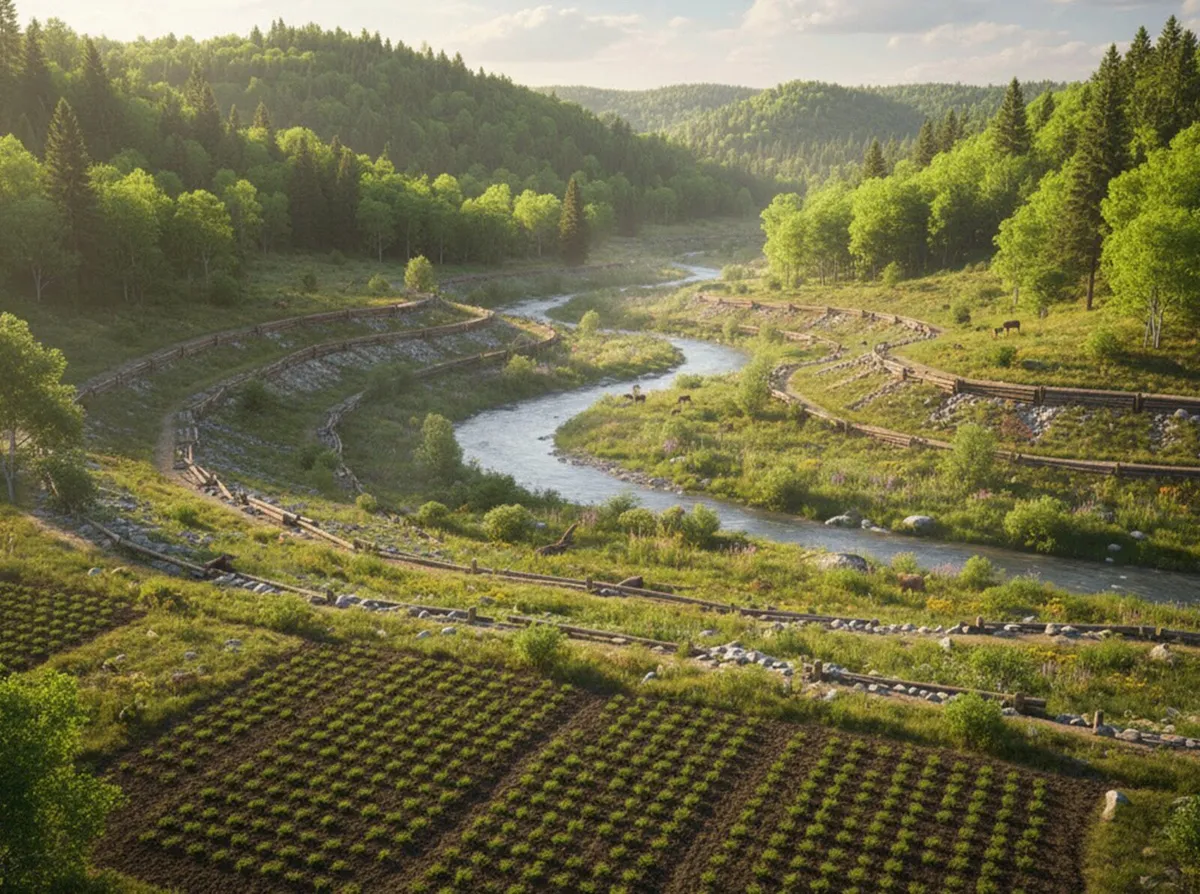 Aerial view of a valley with a winding river between forest and farmland