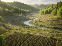 Aerial view of a valley with a winding river between forest and farmland