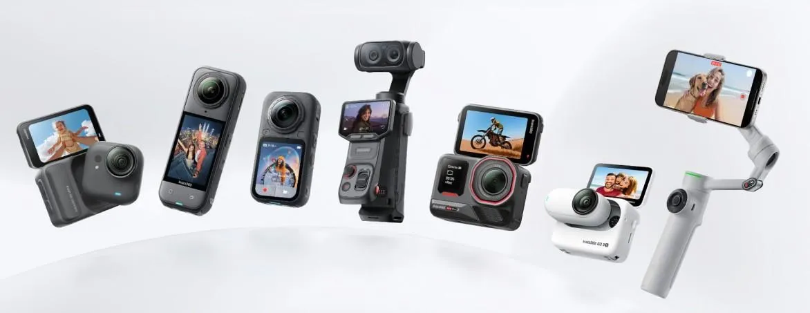 Gama actual de cámaras de Insta360 sobre fondo claro