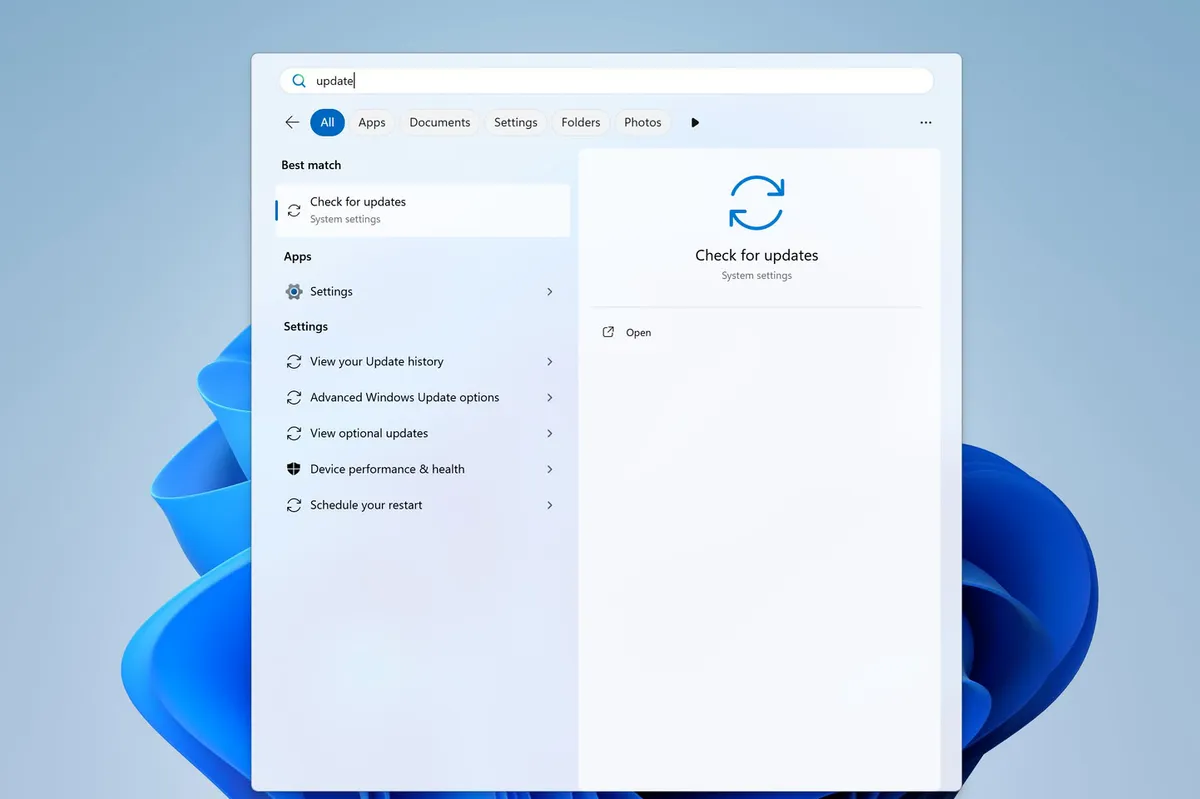 Configuración de Windows 11 con la búsqueda de actualizaciones abierta y la opción "Buscar actualizaciones"