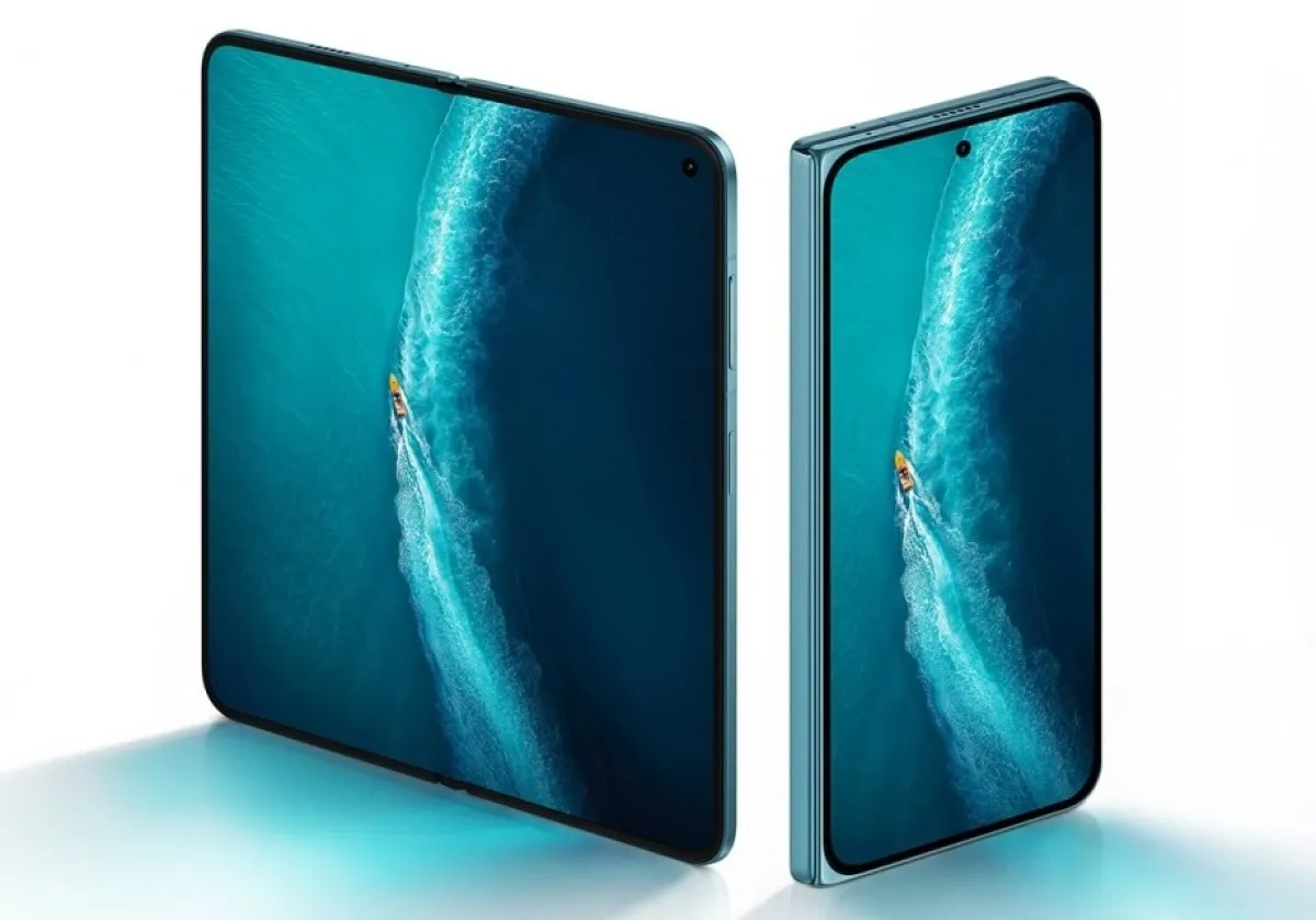 vivo X Fold6 desplegado y plegado en color azul verdoso, con la pantalla interna encendida