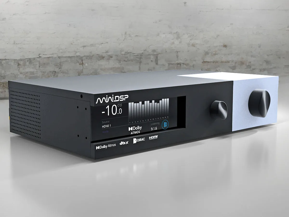 Vista frontal del procesador de audio multicanal miniDSP Tide16 en un estudio