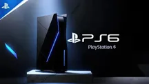 Render conceptual de una consola PlayStation 6 junto al logotipo PS6 sobre un fondo oscuro