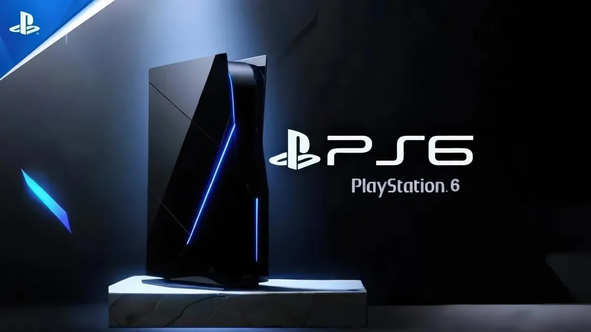 Render conceptual de una consola PlayStation 6 junto al logotipo PS6 sobre un fondo oscuro