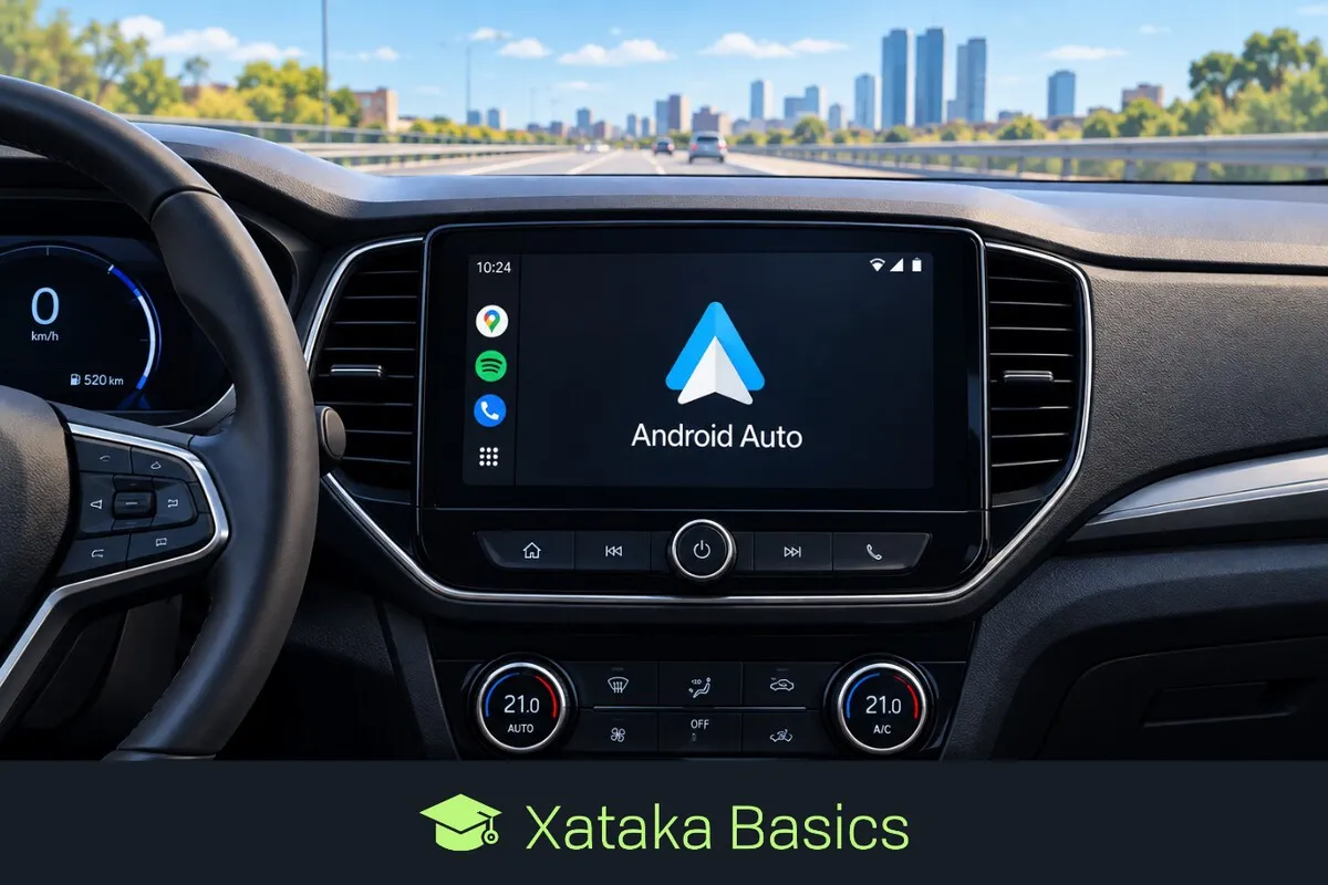 Pantalla central de un coche con el logotipo de Android Auto y la marca Xataka Basics en la parte inferior