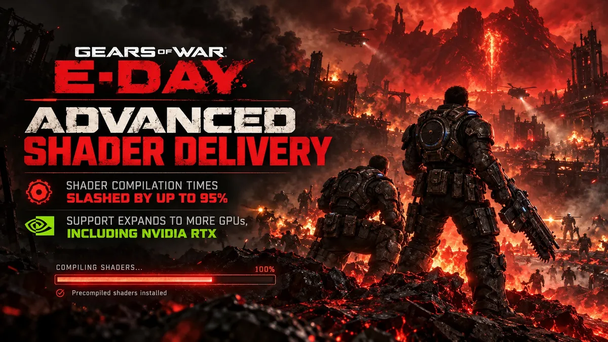 Promotional image for Gears of War: E-Day showing two armored characters on a fiery battlefield