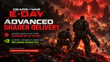 Promotional image for Gears of War: E-Day showing two armored characters on a fiery battlefield