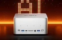 Front view of the silver aluminum ACEMAGIC F9A mini PC, with USB-A, USB4, and card reader ports