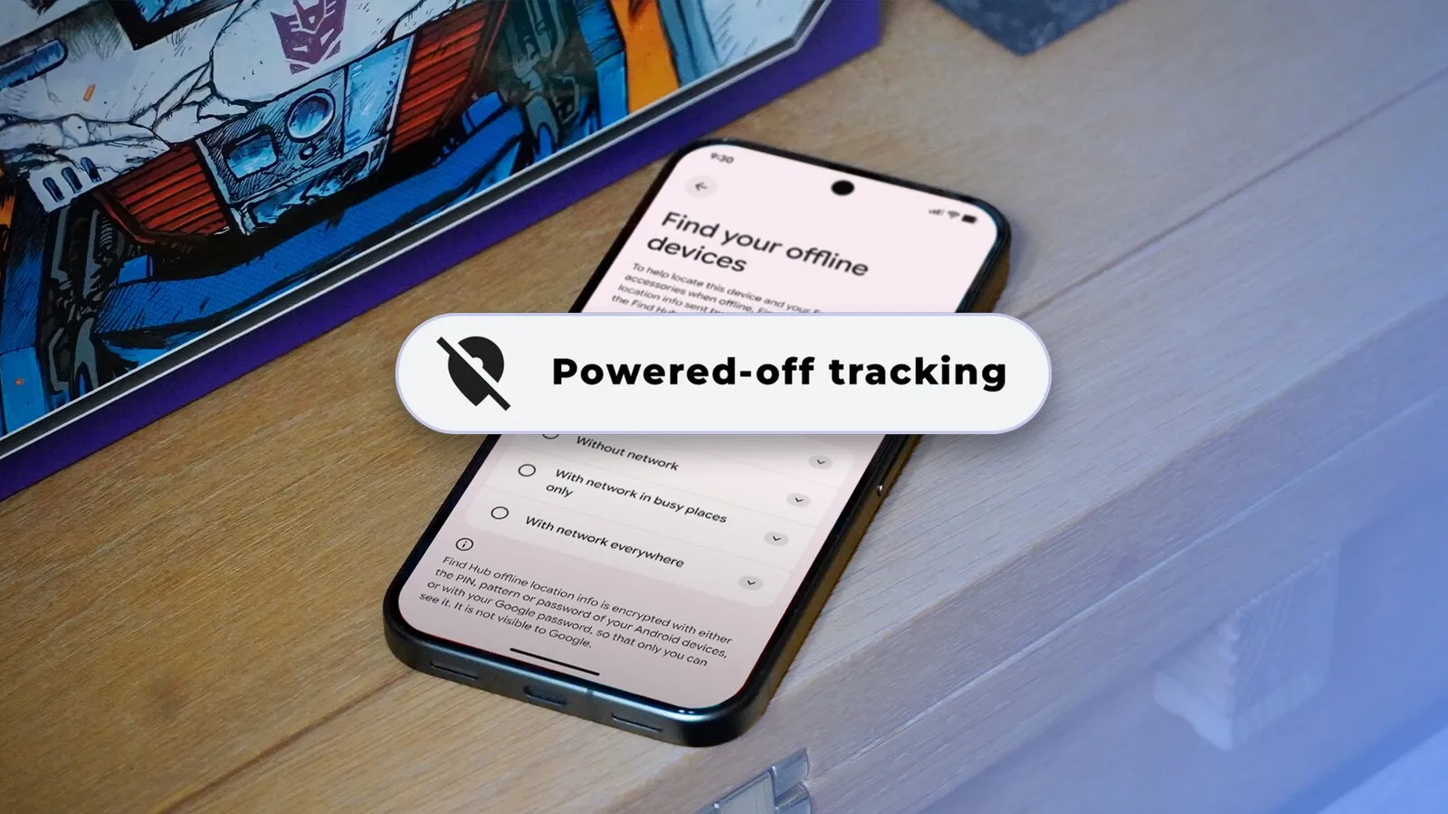 Teléfono Pixel mostrando el ajuste «Buscar tus dispositivos sin conexión» con una etiqueta superpuesta de rastreo con el móvil apagado