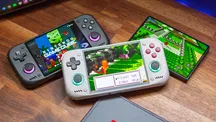 Retroid Pocket Nova handheld console showing an emulated game on its screen