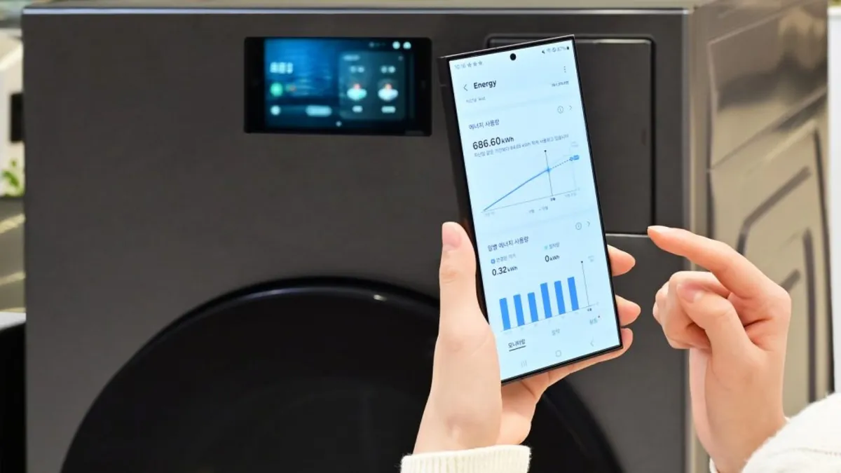 Pantalla de la aplicación Samsung SmartThings con el título del servicio sobre un fondo azul