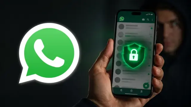 Ilustración de un teléfono móvil con conversaciones de WhatsApp protegidas