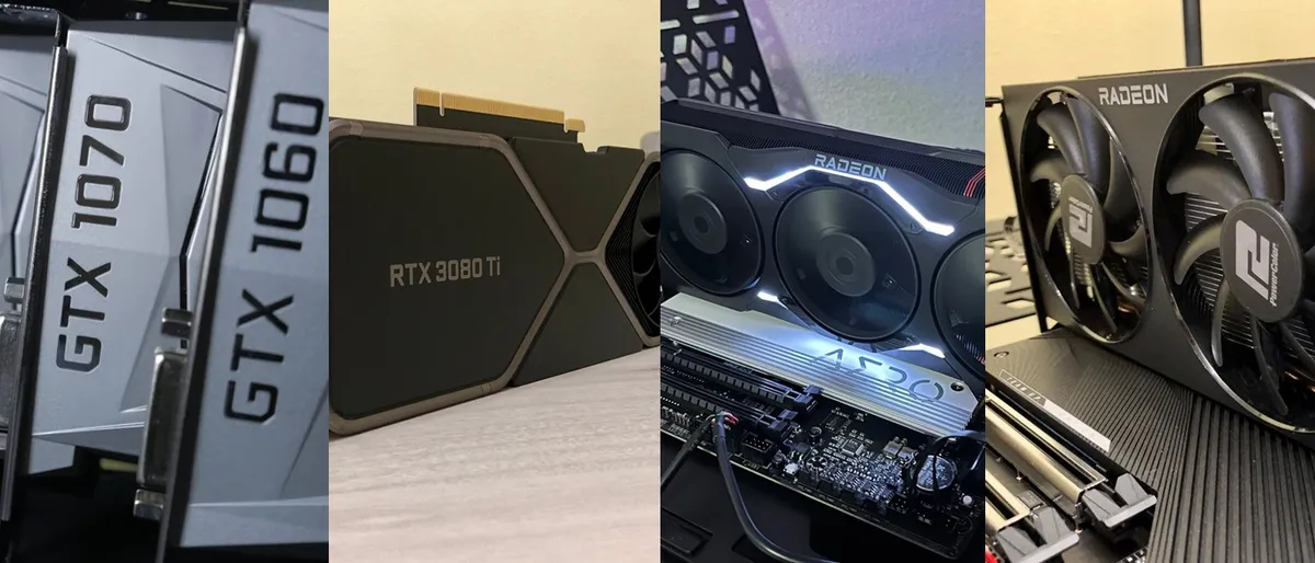Composición con varias tarjetas gráficas de segunda mano, entre ellas una GTX 1070, una GTX 1060 y una RTX 3080 Ti
