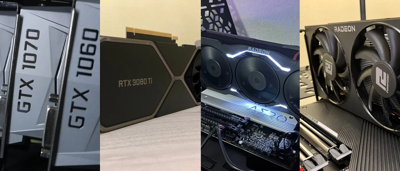 Composición con varias tarjetas gráficas de segunda mano, entre ellas una GTX 1070, una GTX 1060 y una RTX 3080 Ti
