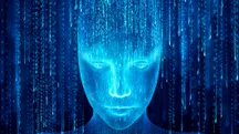 Holograma de un robot de inteligencia artificial emergiendo de código binario