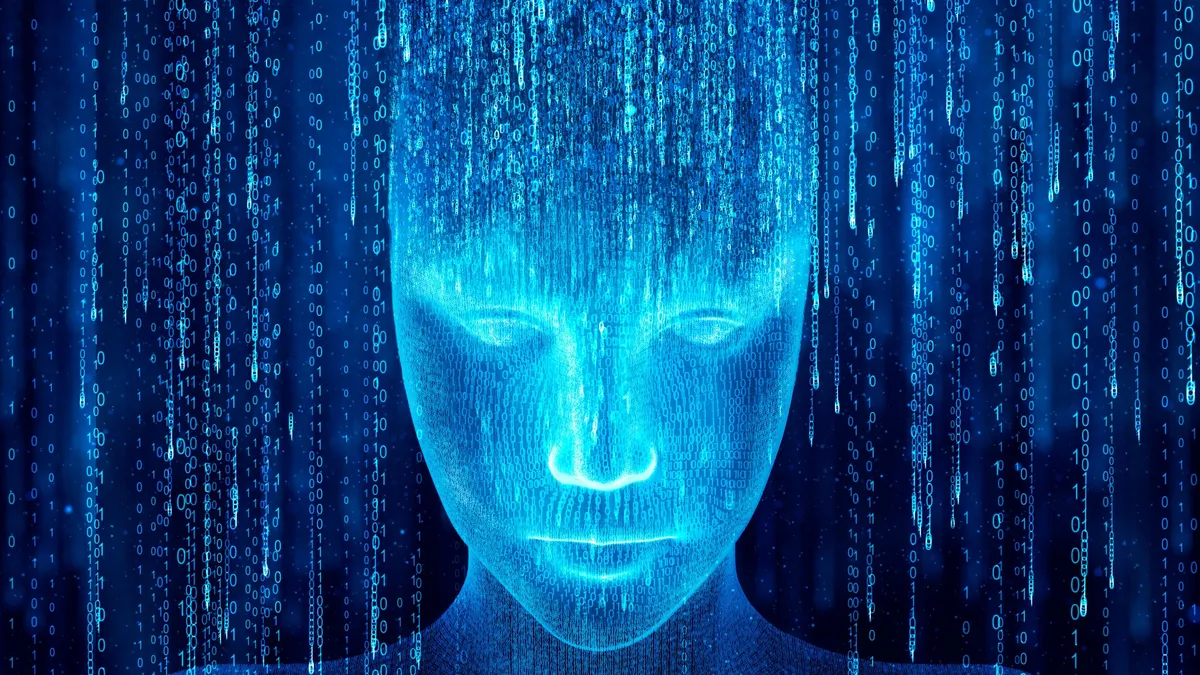 Holograma de un robot de inteligencia artificial emergiendo de código binario