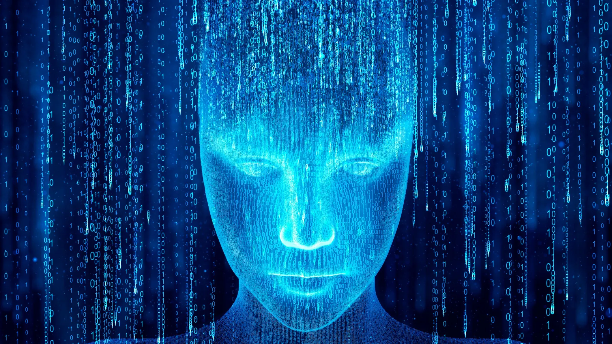 Holograma de un robot de inteligencia artificial emergiendo de código binario