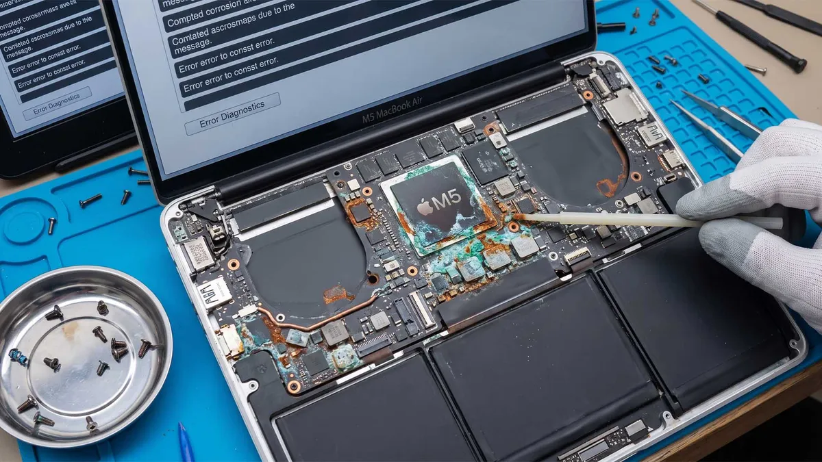 MacBook Air M5 abierto sobre una mesa de reparación, con la placa base a la vista y signos de corrosión