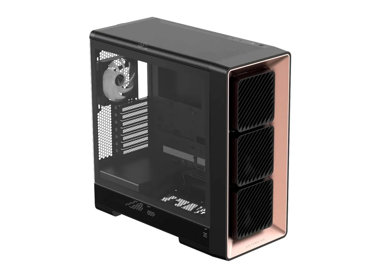 Vista en tres cuartos de la caja Air Power G10 en acabado Negro Oro Rosa, con panel lateral de vidrio y tres ventiladores frontales
