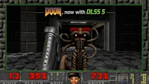 Escena del DOOM original con el jugador apuntando a un enemigo y el resultado del renderizado neuronal DLSS 5