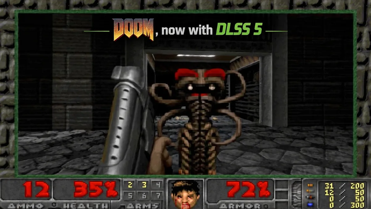 Escena del DOOM original con el jugador apuntando a un enemigo y el resultado del renderizado neuronal DLSS 5