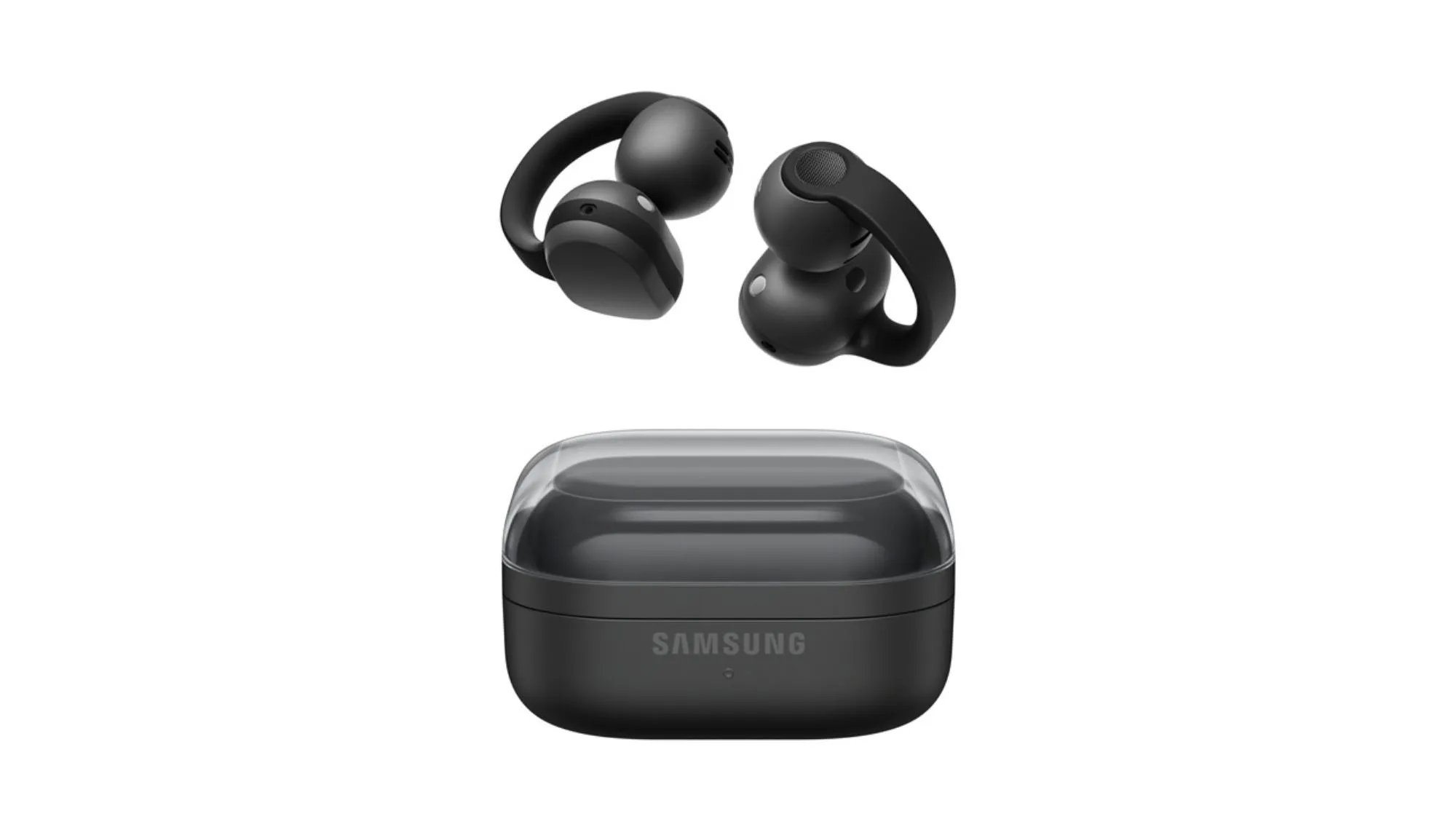 Samsung Galaxy Buds On clip-on earbuds outside their charging case