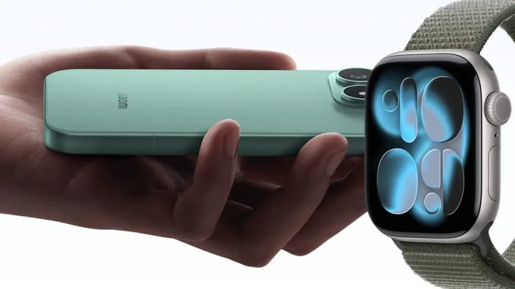 Un Apple Watch junto a un móvil Xiaomi, que ahora pueden conectarse con HyperOS 4