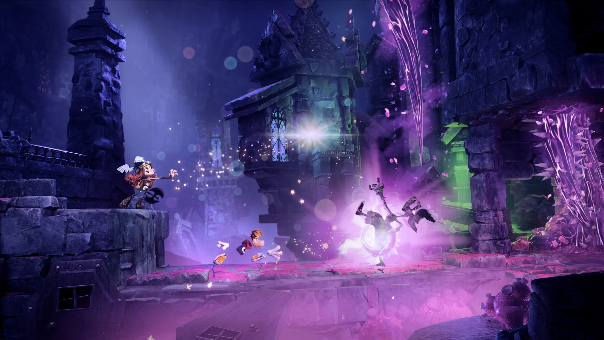 Escena de Rayman Legends Retold con un personaje tocando un violín en un entorno de piedra iluminado en violeta y verde