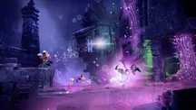 Escena de Rayman Legends Retold con un personaje tocando un violín en un entorno de piedra iluminado en violeta y verde