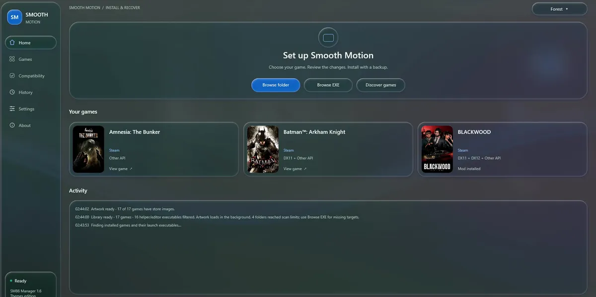 Interfaz de configuración de Smooth Motion para tarjetas GeForce RTX 30