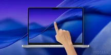 Render of the first MacBook Pro with a touchscreen showing macOS with a finger over the interface