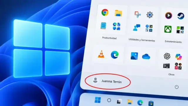 Menú Inicio de Windows 11 con la zona de perfil de usuario en la parte inferior