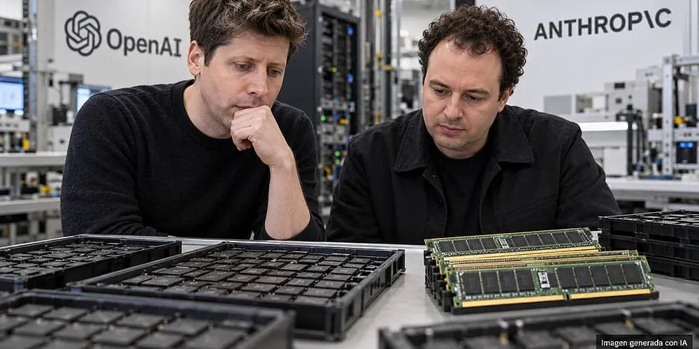 Ilustración de chips de memoria con los logotipos de OpenAI y Anthropic enfrentados por el suministro de RAM